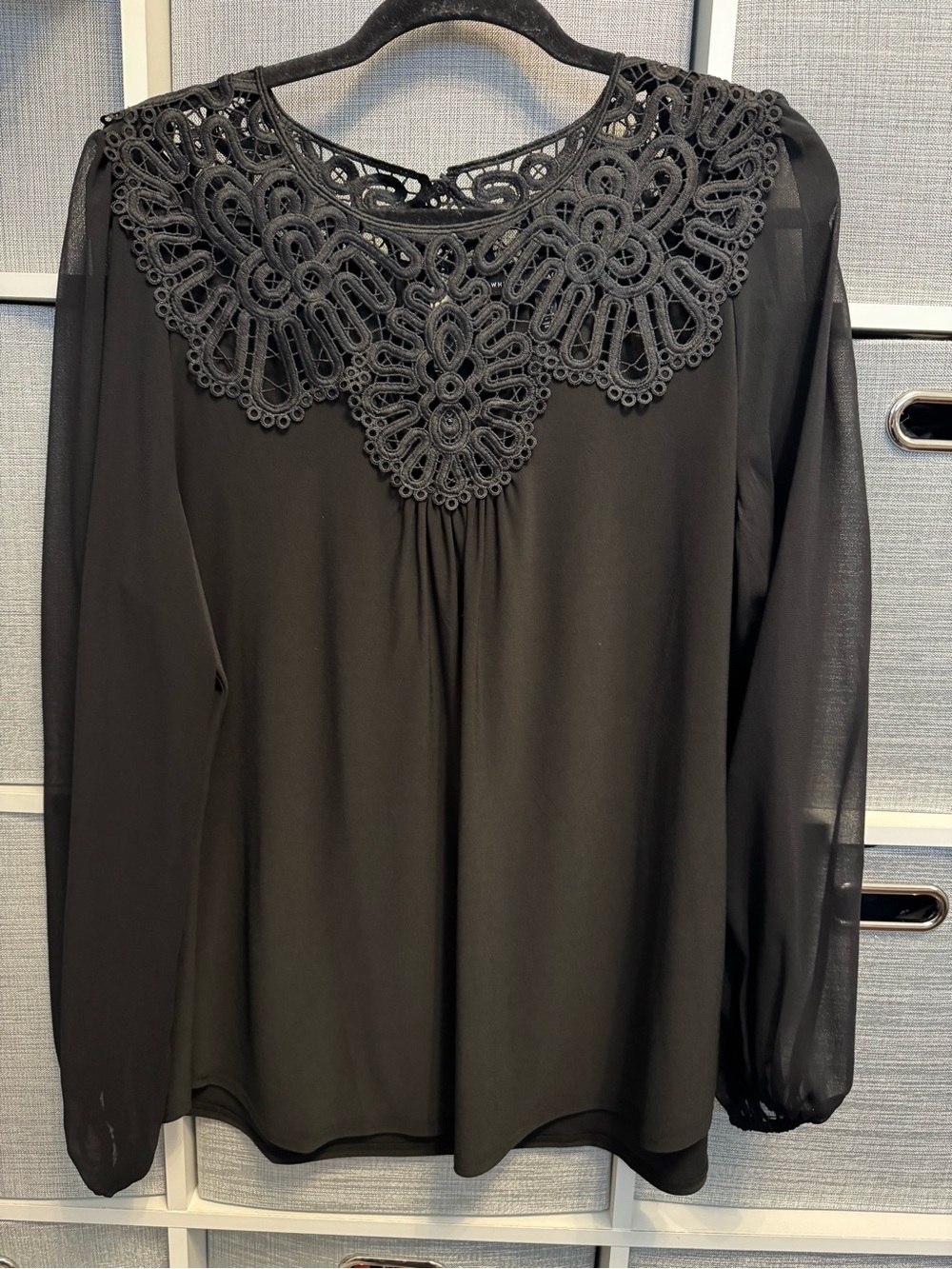 White House Black Market Black Lace Yoke Long-Sleeve Blouse